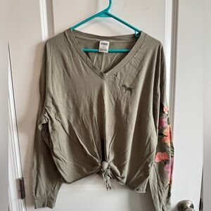 PINK Victoria's Secret Khaki Long Sleeve V-Neck Tee with Floral Detail Size L
